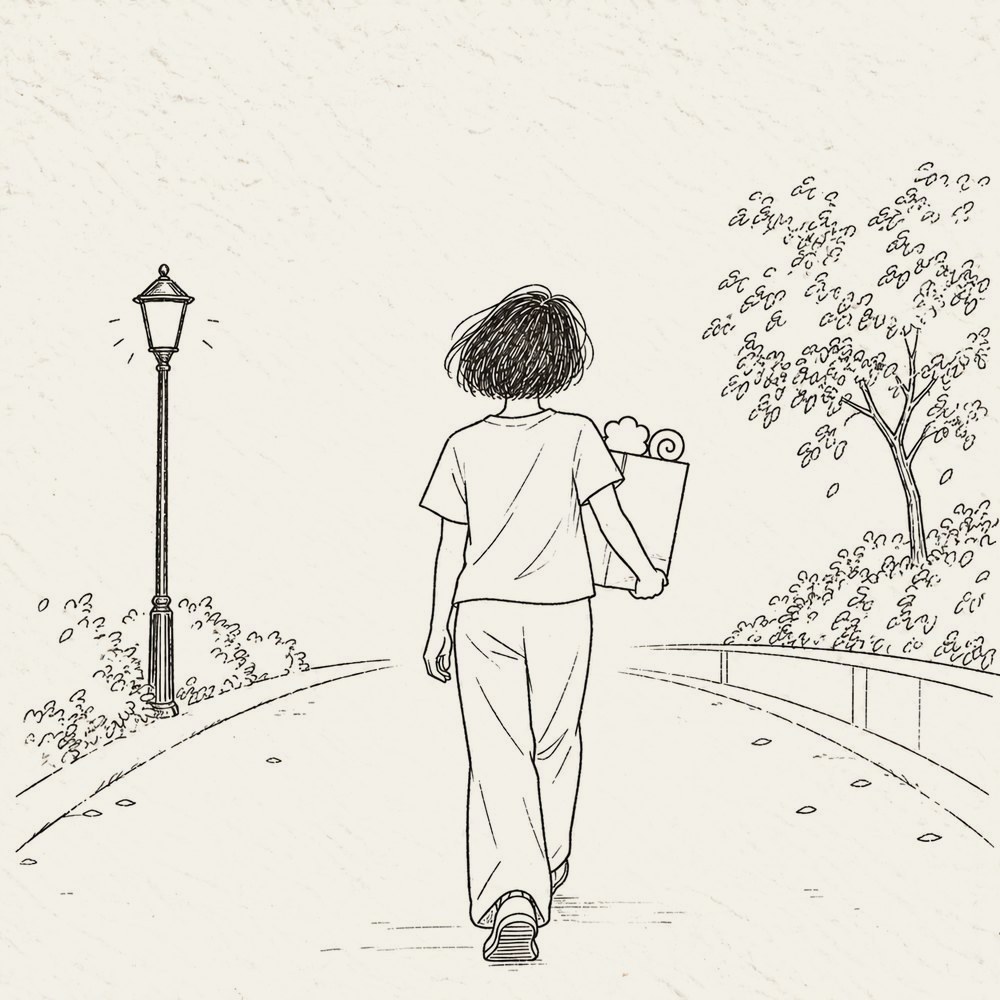 休日の夕方、紙袋を抱えて家に帰る人の後ろ姿。紙袋から雲とうずまきの落書きがのぞいている