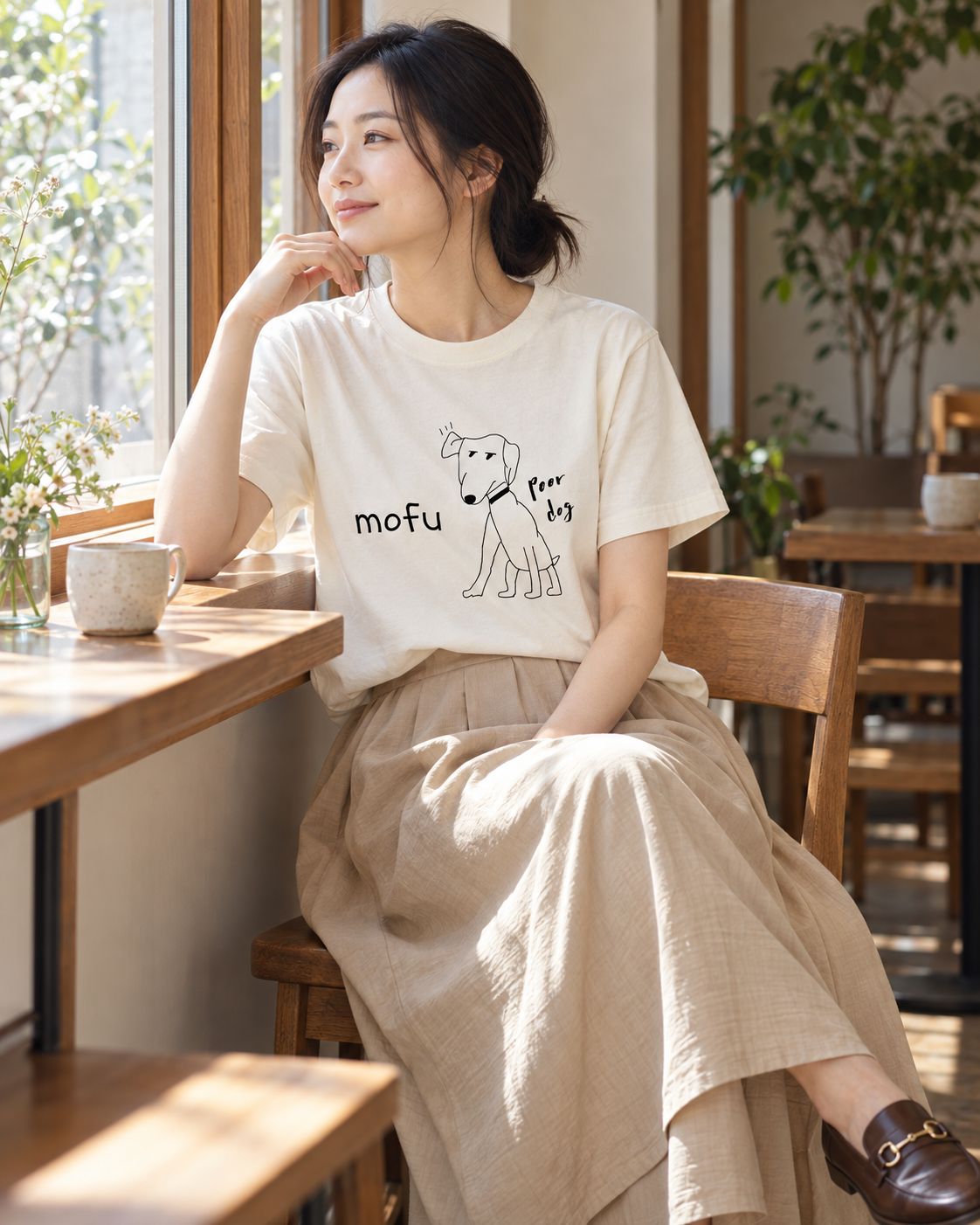 カフェのカウンターで頬杖をつく女性。白いTシャツにベージュのスカート