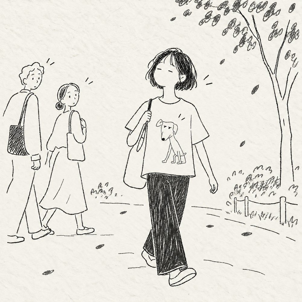公園を歩く人の胸もとのプアを、すれちがった二人が心配そうにふりかえる