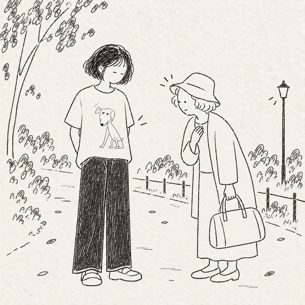 夕方の公園の道で、帽子をかぶり旅行かばんを持ったおばあさんが、胸に手を当ててプアを見ている